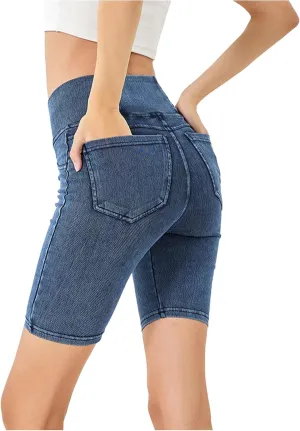 Women's Crossover High Waisted High Stretch Denim Yoga Cycling Athletic Shorts with Pockets