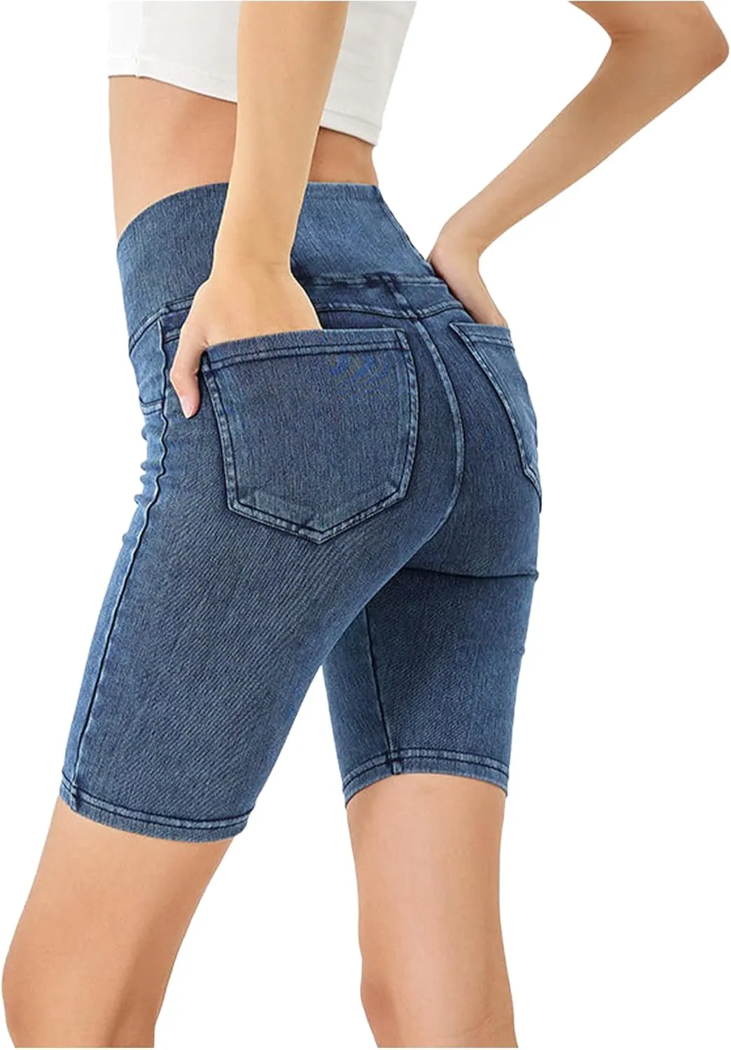 Women's Crossover High Waisted High Stretch Denim Yoga Cycling Athletic Shorts with Pockets