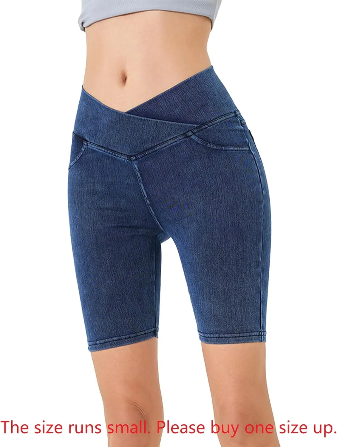 Women's Crossover High Waisted High Stretch Denim Yoga Cycling Athletic Shorts with Pockets