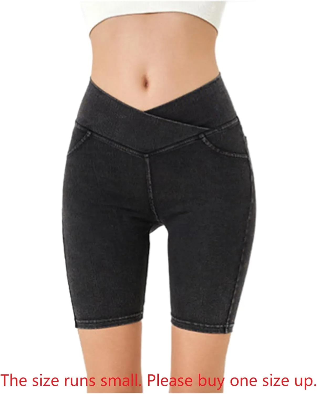 Women's Crossover High Waisted High Stretch Denim Yoga Cycling Athletic Shorts with Pockets