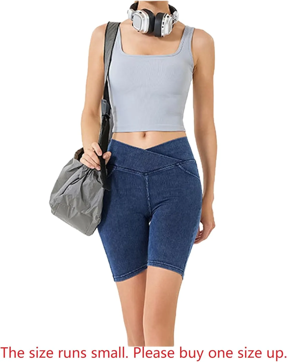 Women's Crossover High Waisted High Stretch Denim Yoga Cycling Athletic Shorts with Pockets