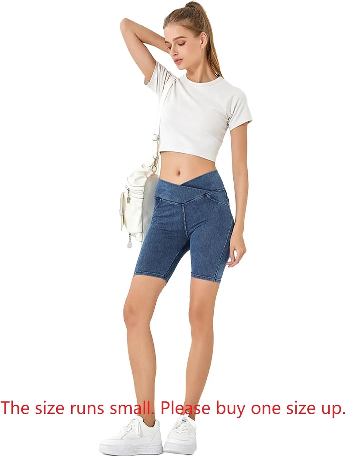 Women's Crossover High Waisted High Stretch Denim Yoga Cycling Athletic Shorts with Pockets