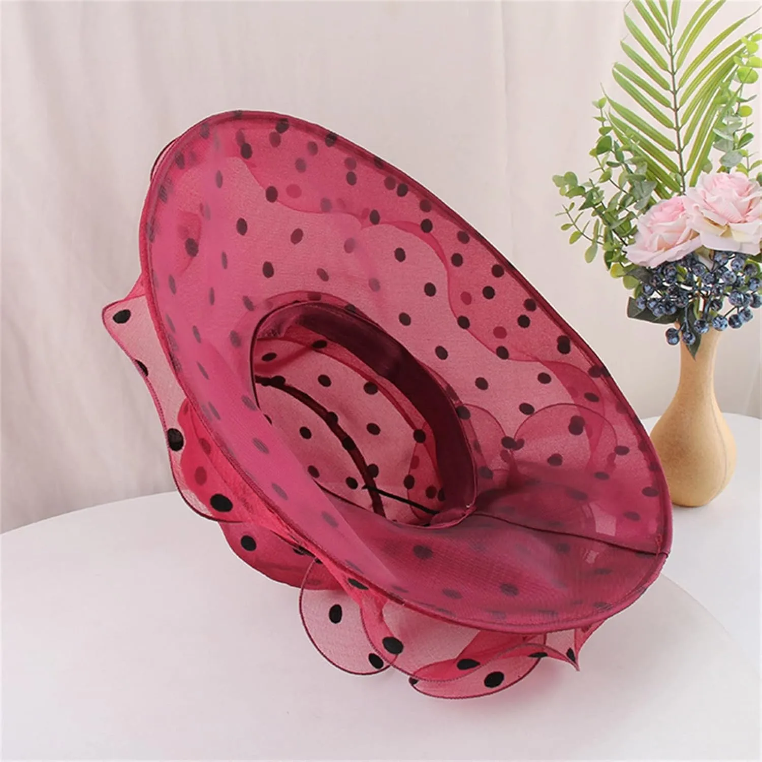 Women's Derby Church Dress Hat Polka Dots Organza Flower Fascinator Wide Brim Bridal Shower Wedding Tea Party Hat