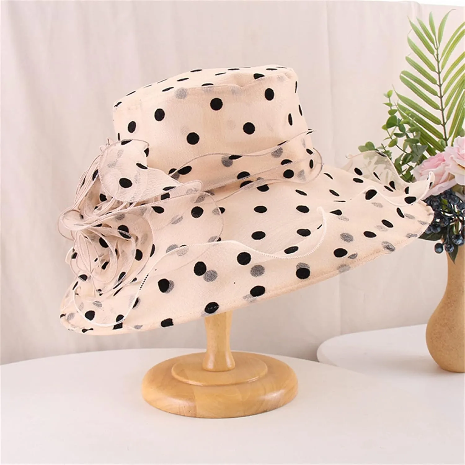 Women's Derby Church Dress Hat Polka Dots Organza Flower Fascinator Wide Brim Bridal Shower Wedding Tea Party Hat