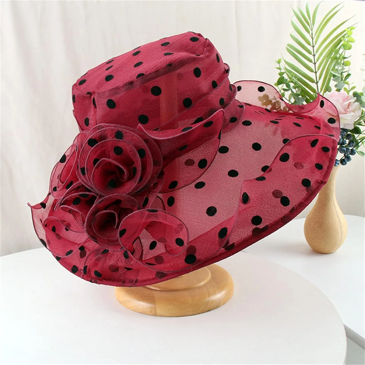 Women's Derby Church Dress Hat Polka Dots Organza Flower Fascinator Wide Brim Bridal Shower Wedding Tea Party Hat