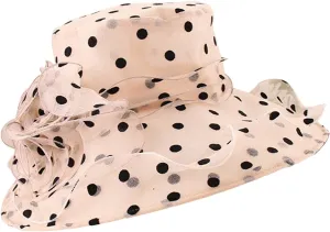 Women's Derby Church Dress Hat Polka Dots Organza Flower Fascinator Wide Brim Bridal Shower Wedding Tea Party Hat