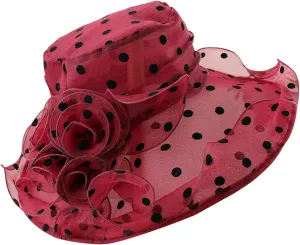 Women's Derby Church Dress Hat Polka Dots Organza Flower Fascinator Wide Brim Bridal Shower Wedding Tea Party Hat