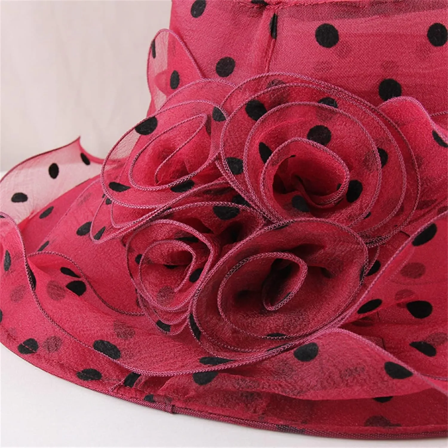 Women's Derby Church Dress Hat Polka Dots Organza Flower Fascinator Wide Brim Bridal Shower Wedding Tea Party Hat