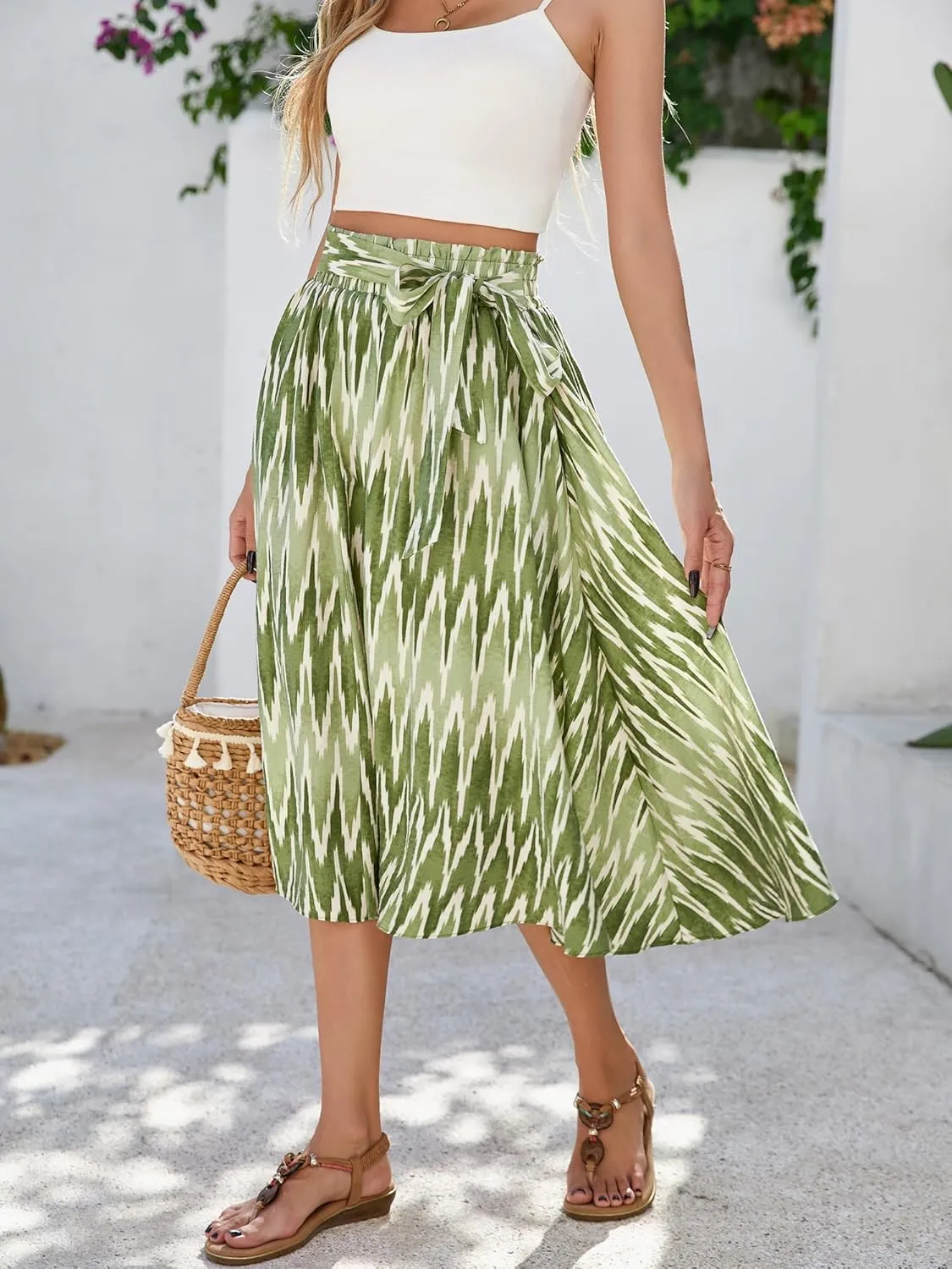 Women's Elastic High Waist Pleated A-Line Midi Skirts with Adjustable Tie Belt Side Pockets