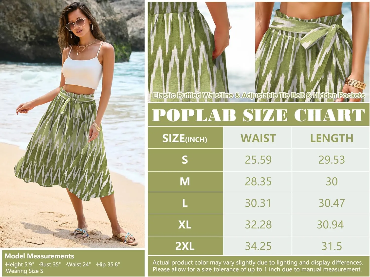 Women's Elastic High Waist Pleated A-Line Midi Skirts with Adjustable Tie Belt Side Pockets