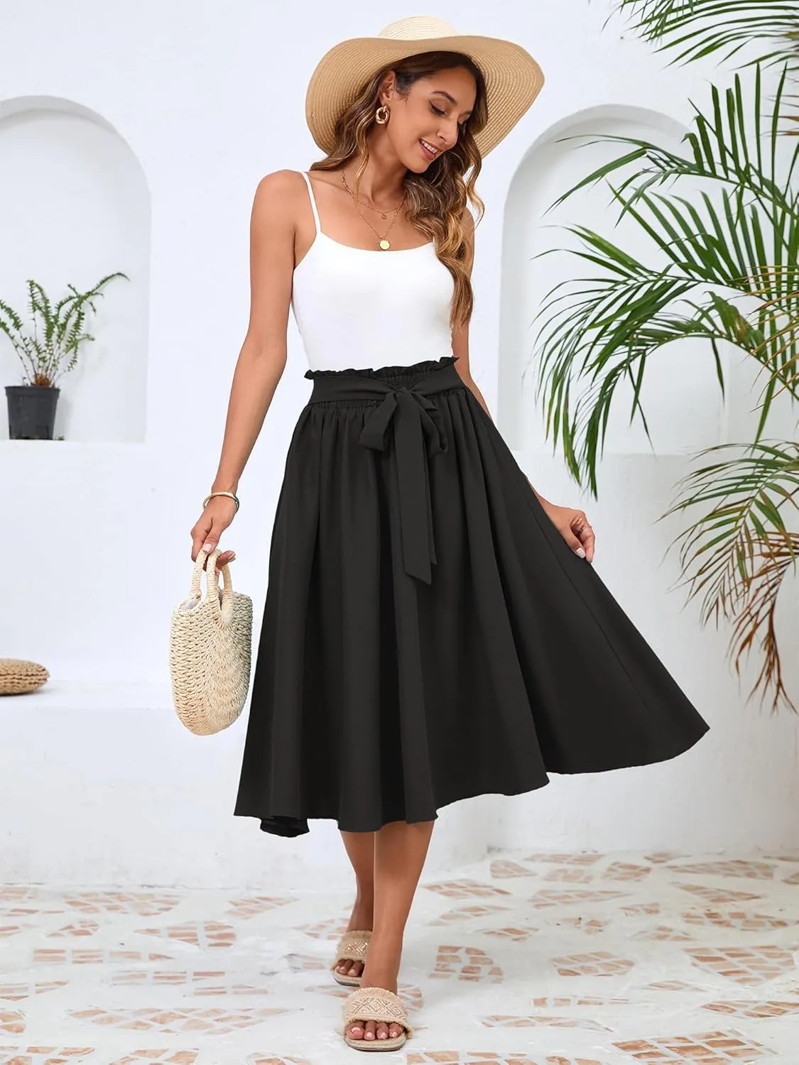 Women's Elastic High Waist Pleated A-Line Midi Skirts with Adjustable Tie Belt Side Pockets