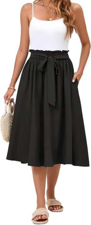 Women's Elastic High Waist Pleated A-Line Midi Skirts with Adjustable Tie Belt Side Pockets