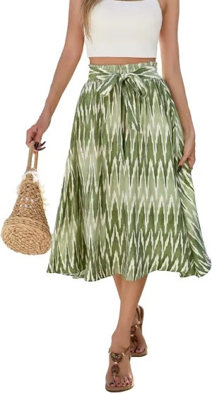 Women's Elastic High Waist Pleated A-Line Midi Skirts with Adjustable Tie Belt Side Pockets