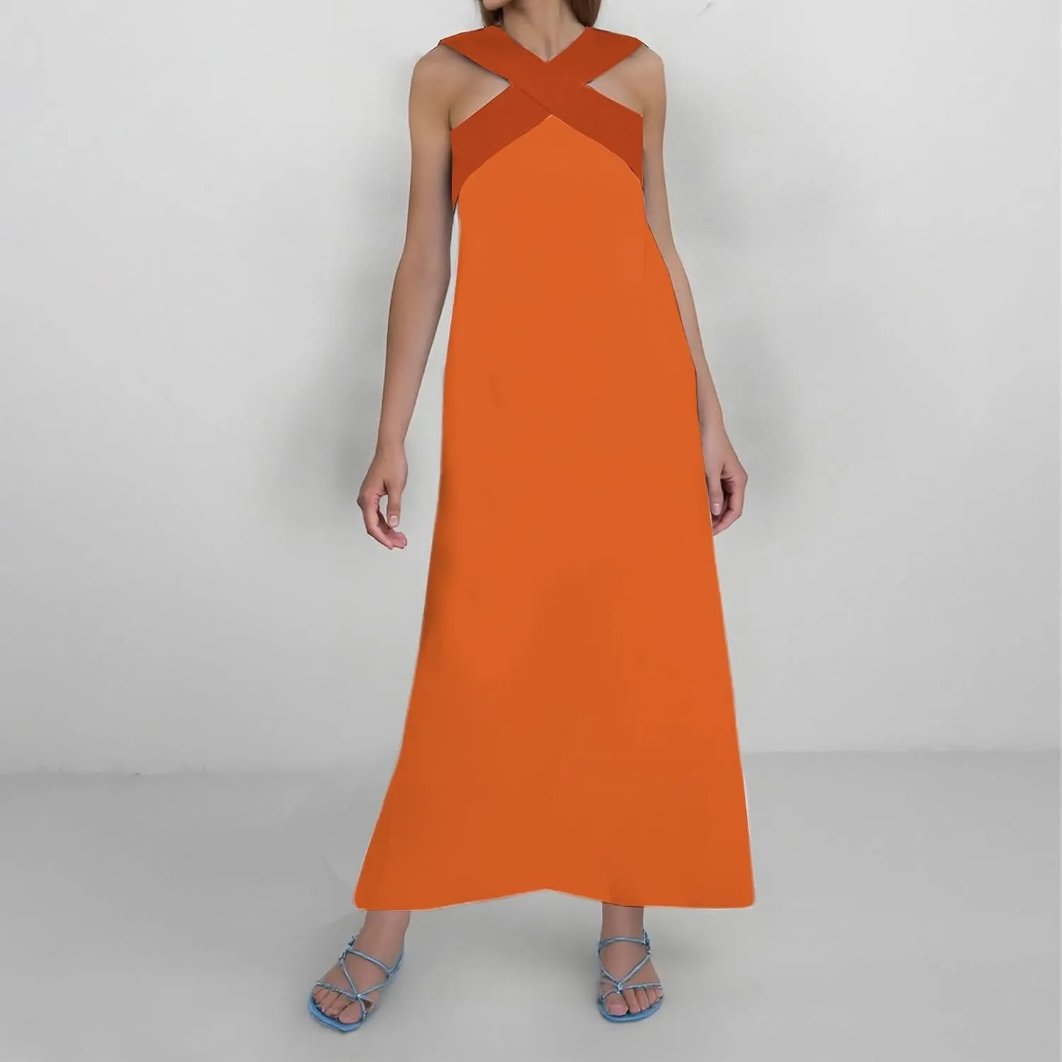 Women's Elegant Neckline Open Back Evening Dress Plus Size Dresses Color Peach