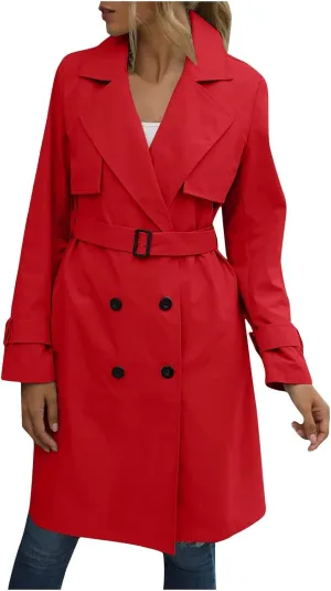 Women's Fashion Autumn Winter Solid Color Double Breasted Trench Coat Rain Windbreaker Women