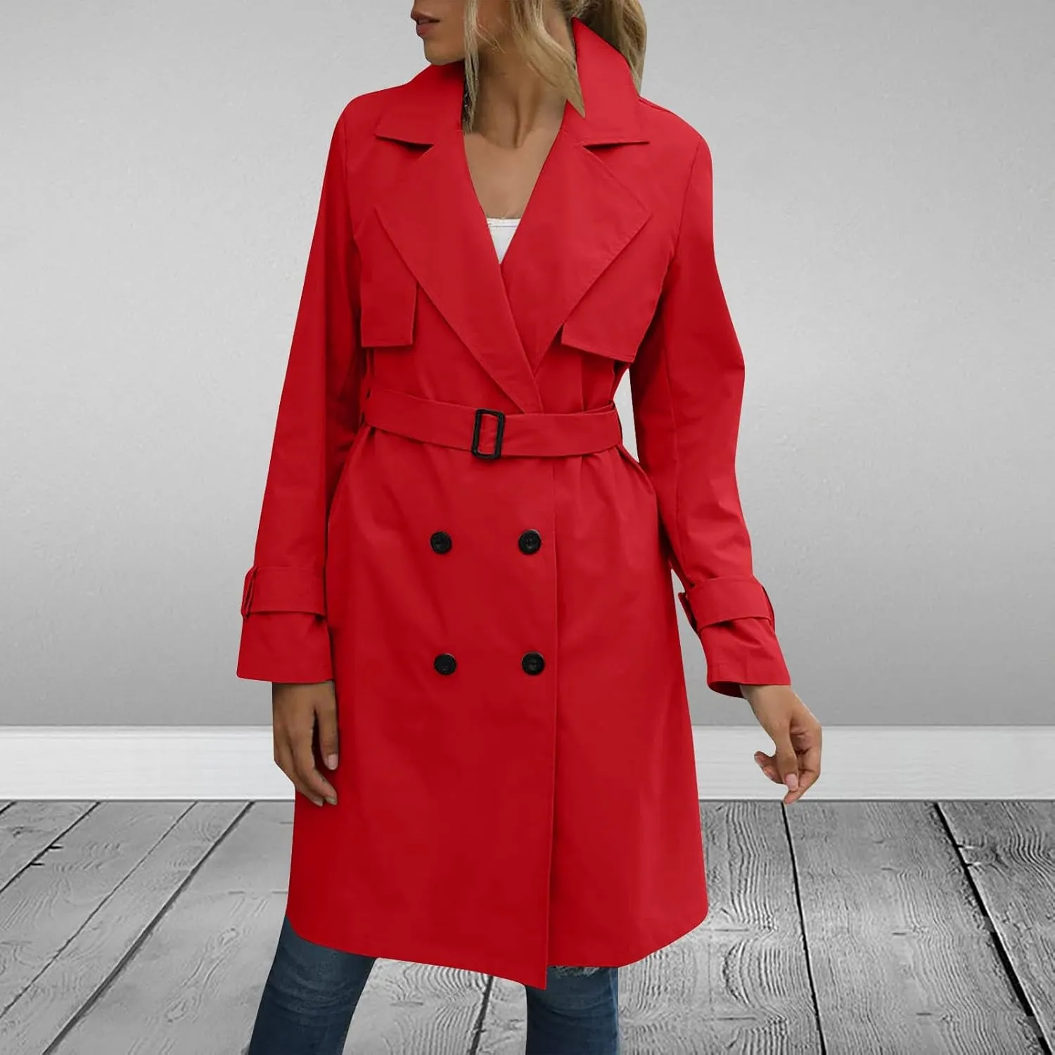 Women's Fashion Autumn Winter Solid Color Double Breasted Trench Coat Rain Windbreaker Women