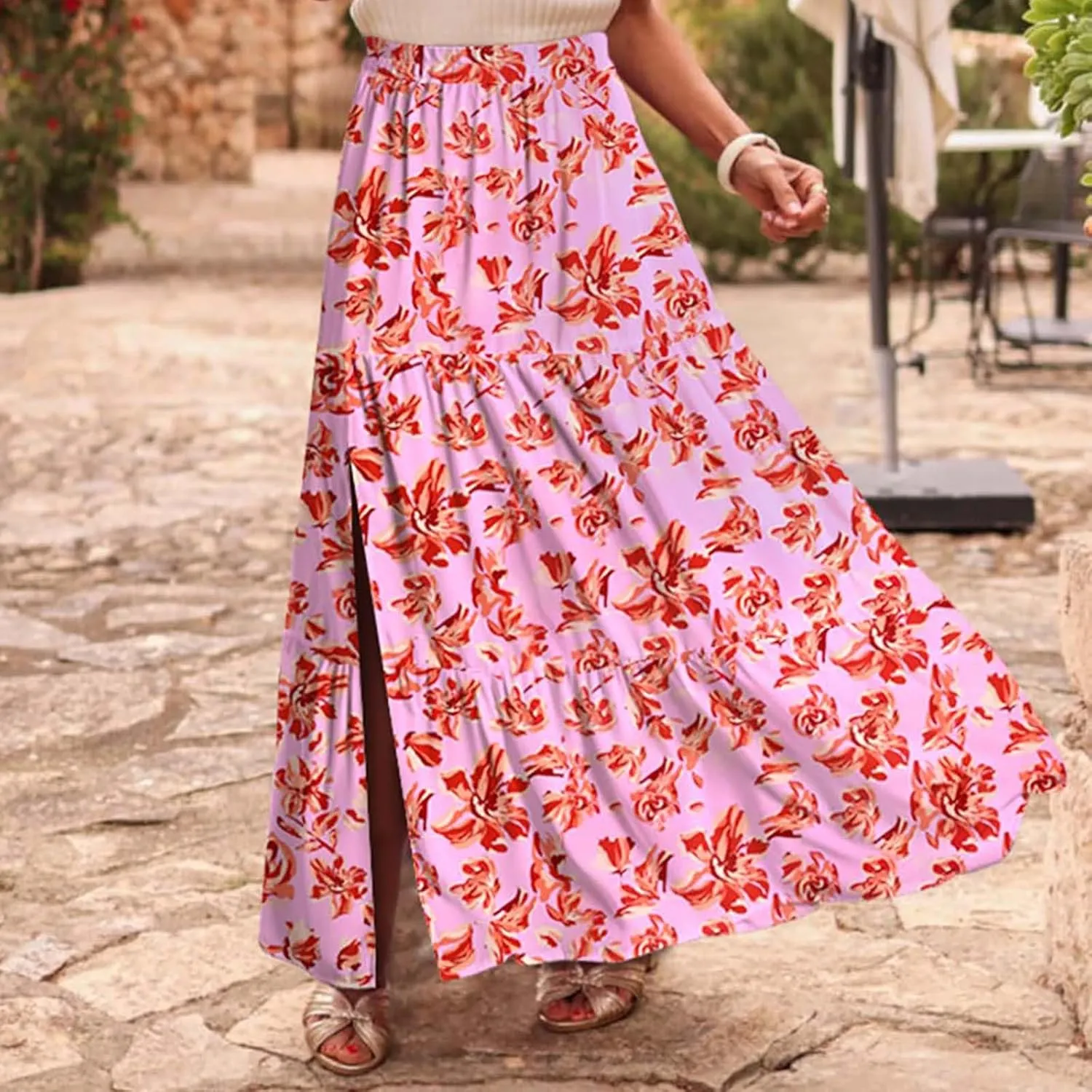 Women's Floral Long Skirts Split Summer Skirts Elastic Waist Flowy Maxi Skirt A Line Beach Skirts Boho Casual Skirts