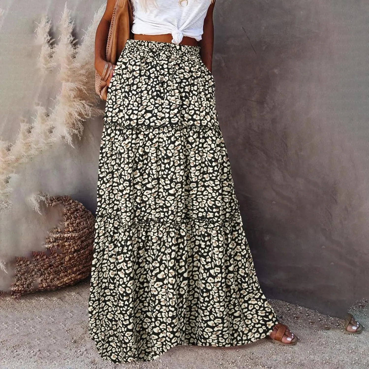 Womens Floral Print A-Line Skirt Elastic Waist Boho Skirts Casual Western Tulle Skirt Flowy Pleated Bohemian Skirt