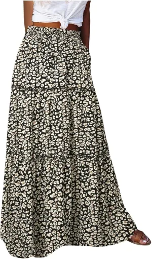 Womens Floral Print A-Line Skirt Elastic Waist Boho Skirts Casual Western Tulle Skirt Flowy Pleated Bohemian Skirt