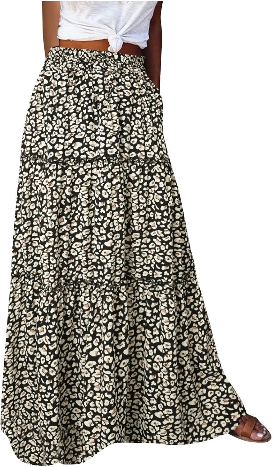 Womens Floral Print A-Line Skirt Elastic Waist Boho Skirts Casual Western Tulle Skirt Flowy Pleated Bohemian Skirt