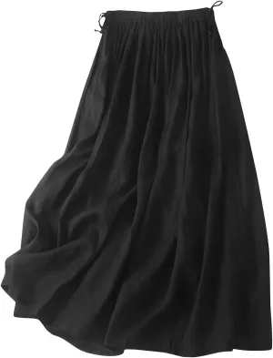 Women's Flowing Linen Skirt Elastic Waist Loose Artistic Long Swing Skirt Summer Boho Tiered Trendy Casual Sundress