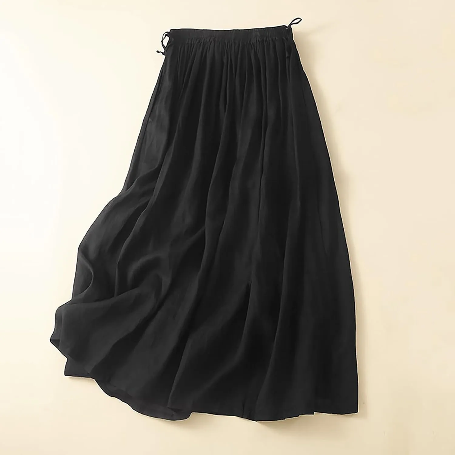 Women's Flowing Linen Skirt Elastic Waist Loose Artistic Long Swing Skirt Summer Boho Tiered Trendy Casual Sundress