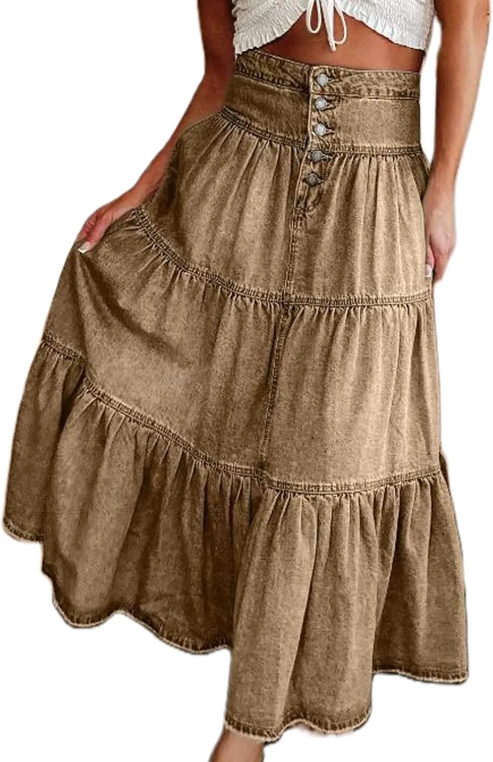 Women's High Waist Denim Maxi Skirt Summer Ruffled Hem Pleated Tiered Skirt Long Flowy A Line Jean Skirts Streetwear