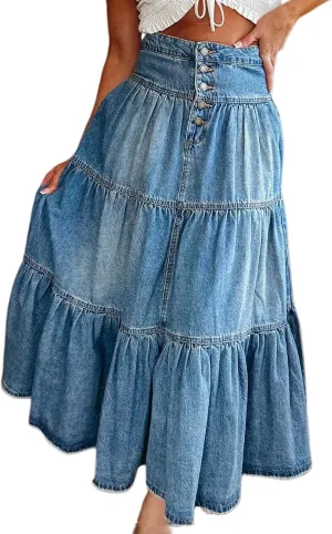 Women's High Waist Denim Maxi Skirt Summer Ruffled Hem Pleated Tiered Skirt Long Flowy A Line Jean Skirts Streetwear