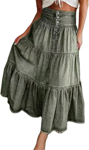 Women's High Waist Denim Maxi Skirt Summer Ruffled Hem Pleated Tiered Skirt Long Flowy A Line Jean Skirts Streetwear