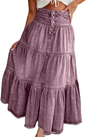 Women's High Waist Denim Maxi Skirt Summer Ruffled Hem Pleated Tiered Skirt Long Flowy A Line Jean Skirts Streetwear