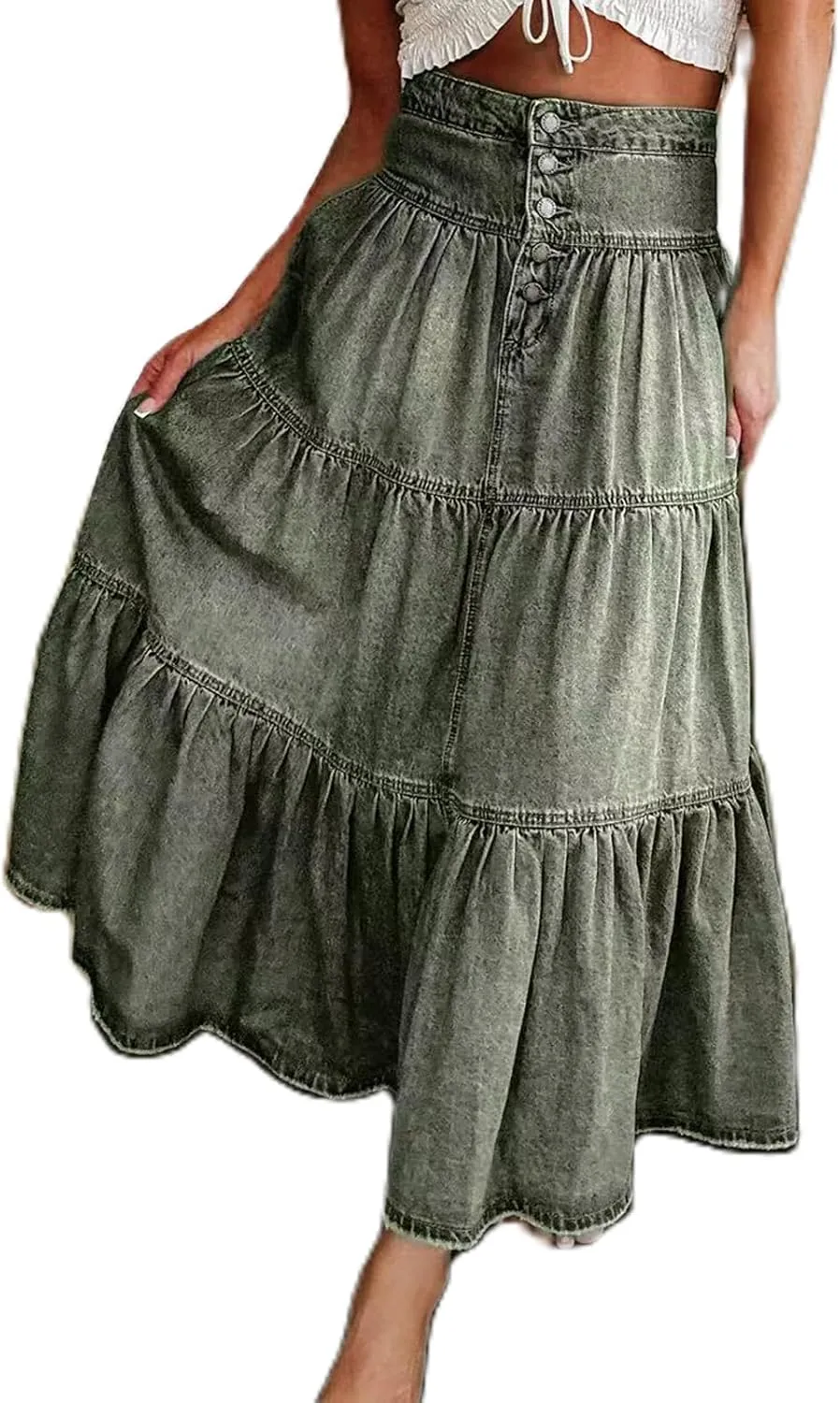 Women's High Waist Denim Maxi Skirt Summer Ruffled Hem Pleated Tiered Skirt Long Flowy A Line Jean Skirts Streetwear