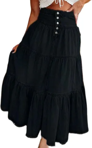 Women's High Waist Denim Maxi Skirt Summer Ruffled Hem Pleated Tiered Skirt Long Flowy A Line Jean Skirts Streetwear
