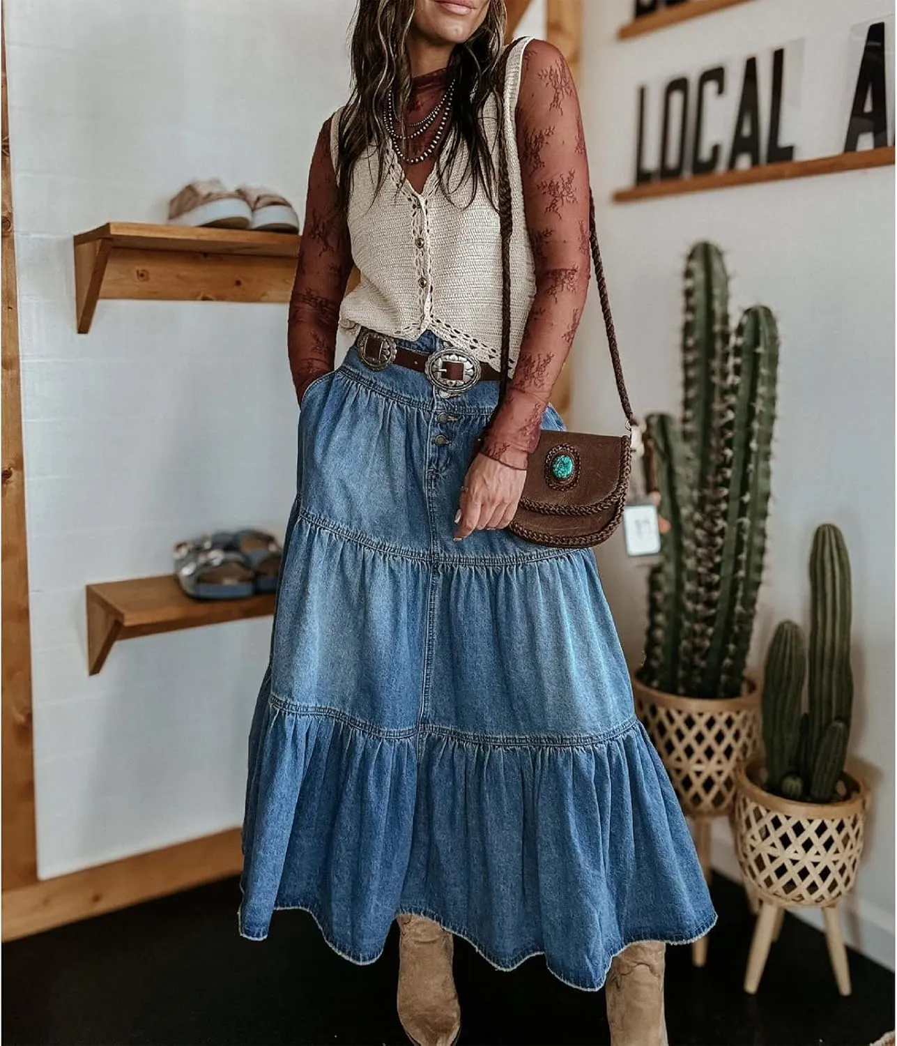 Women's High Waist Denim Maxi Skirt Summer Ruffled Hem Pleated Tiered Skirt Long Flowy A Line Jean Skirts Streetwear