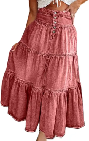 Women's High Waist Denim Maxi Skirt Summer Ruffled Hem Pleated Tiered Skirt Long Flowy A Line Jean Skirts Streetwear