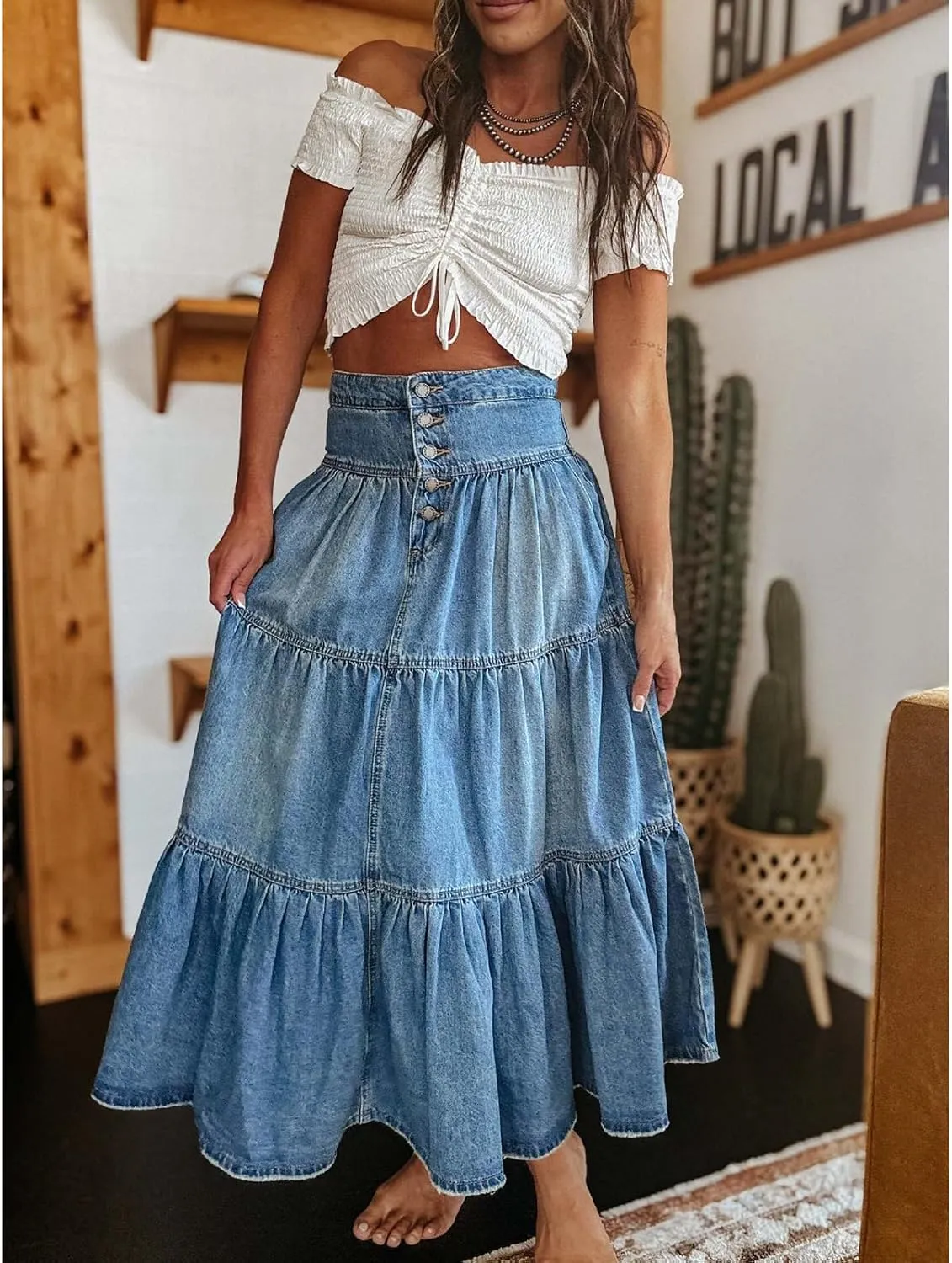 Women's High Waist Denim Maxi Skirt Summer Ruffled Hem Pleated Tiered Skirt Long Flowy A Line Jean Skirts Streetwear