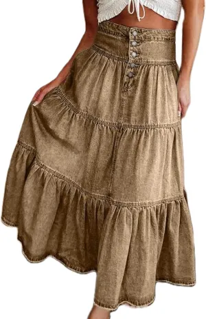 Women's High Waist Denim Maxi Skirt Summer Ruffled Hem Pleated Tiered Skirt Long Flowy A Line Jean Skirts Streetwear
