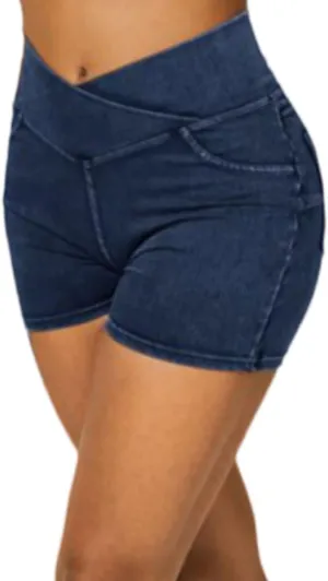 Women's High Waist Jeans Shorts Biker Shorts Crossover Denim Summer Bermuda Pants with Pockets Summer