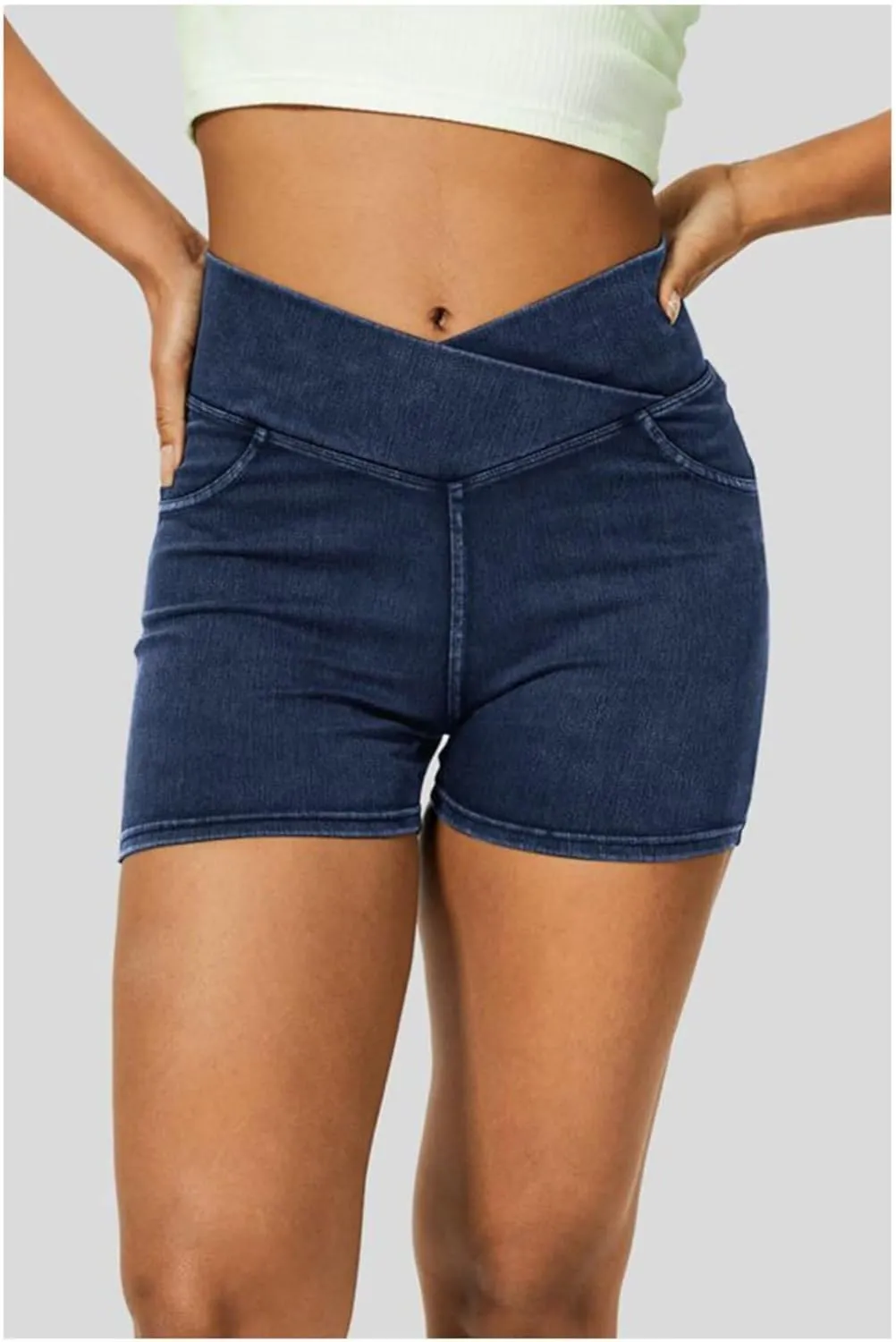 Women's High Waist Jeans Shorts Biker Shorts Crossover Denim Summer Bermuda Pants with Pockets Summer