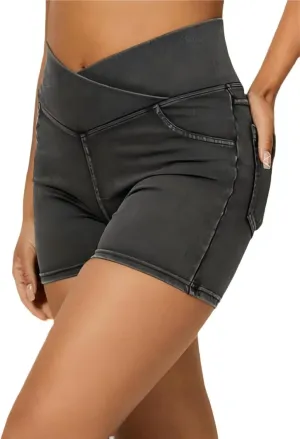 Women's High Waist Jeans Shorts Biker Shorts Crossover Denim Summer Bermuda Pants with Pockets Summer