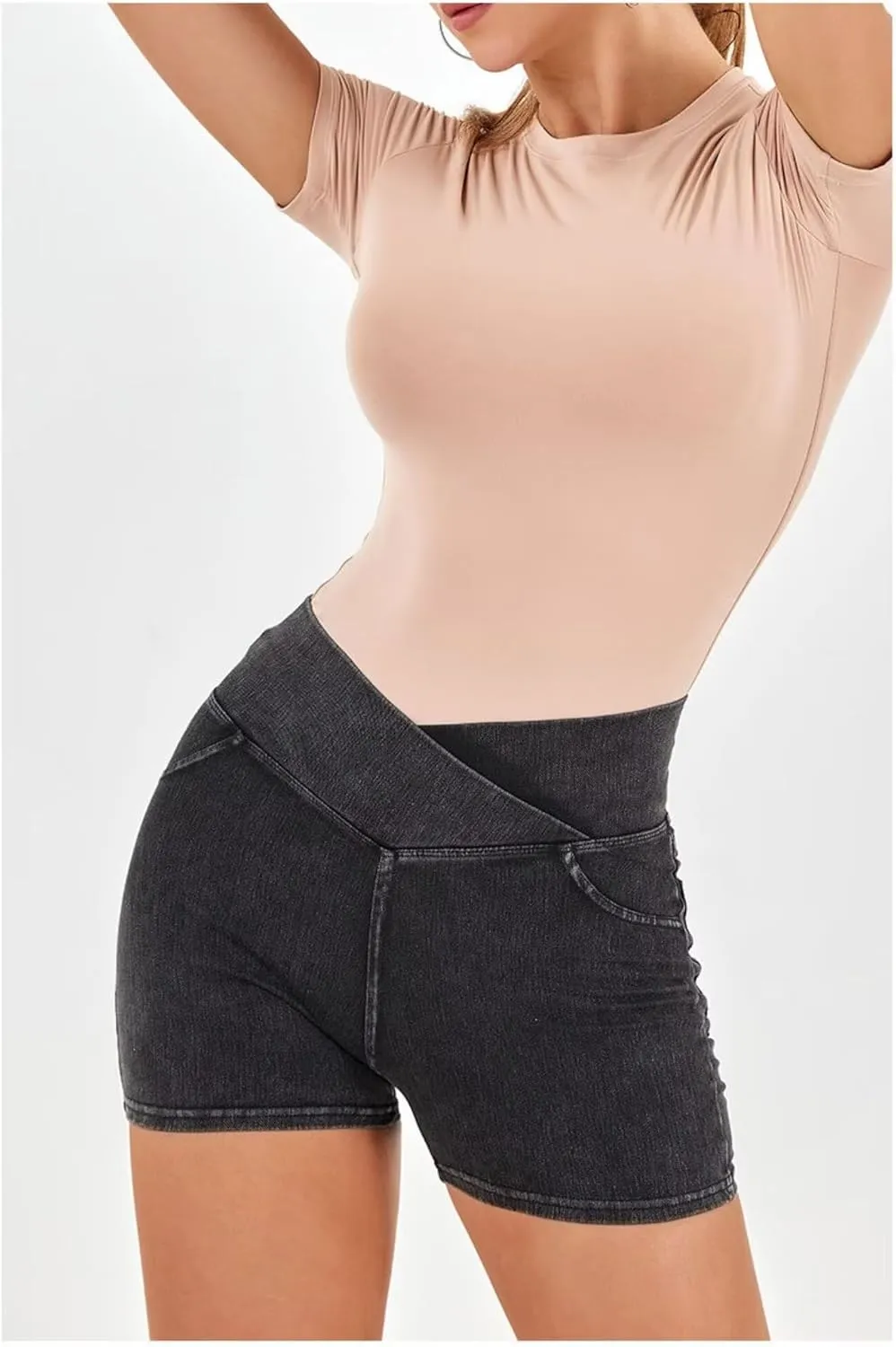Women's High Waist Jeans Shorts Biker Shorts Crossover Denim Summer Bermuda Pants with Pockets Summer