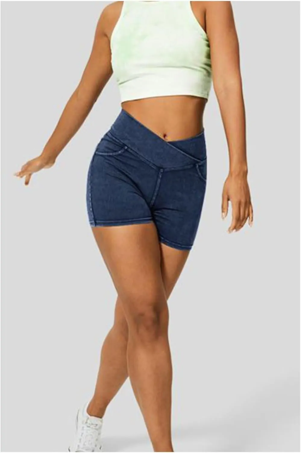 Women's High Waist Jeans Shorts Biker Shorts Crossover Denim Summer Bermuda Pants with Pockets Summer