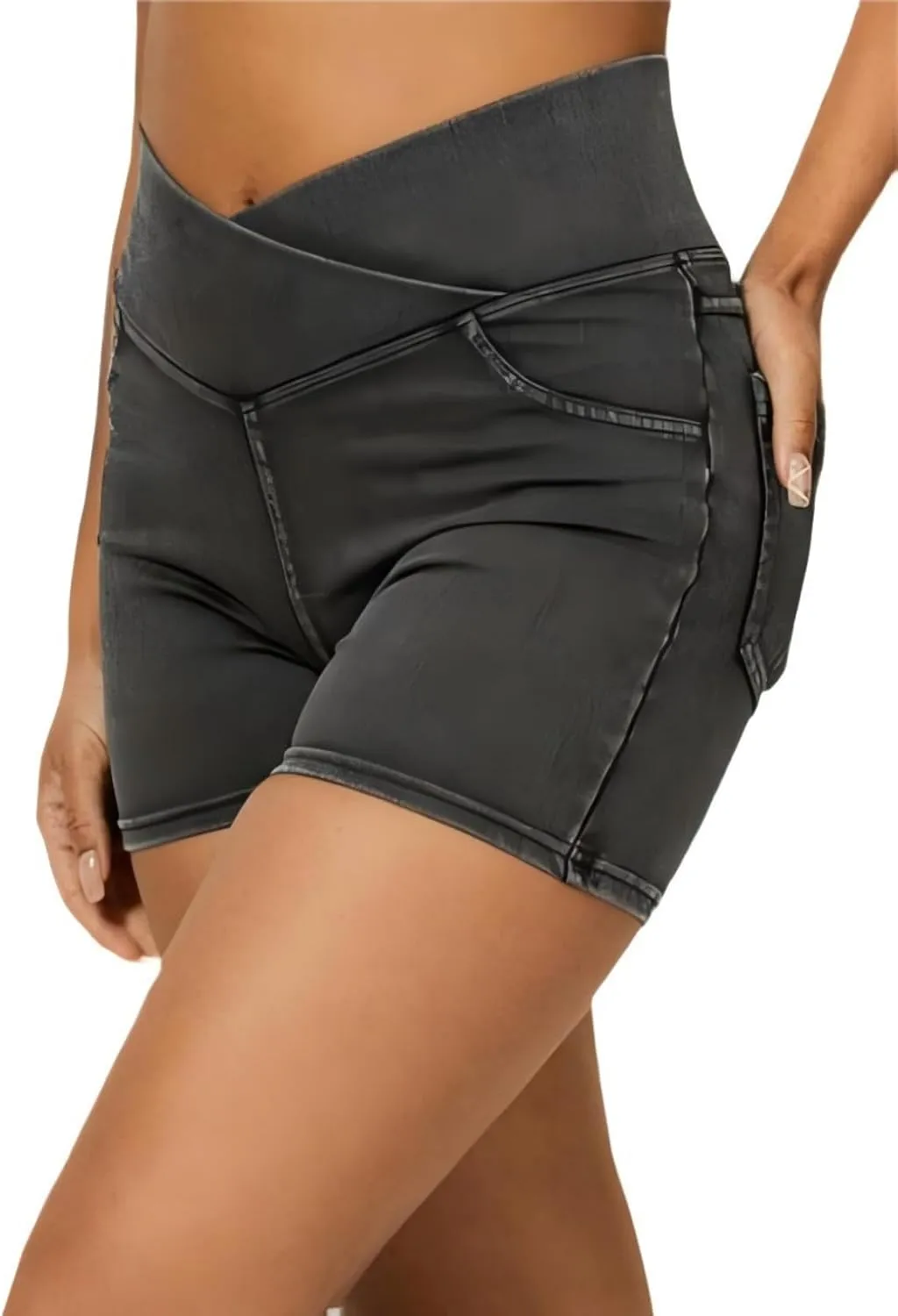 Women's High Waist Jeans Shorts Biker Shorts Crossover Denim Summer Bermuda Pants with Pockets Summer