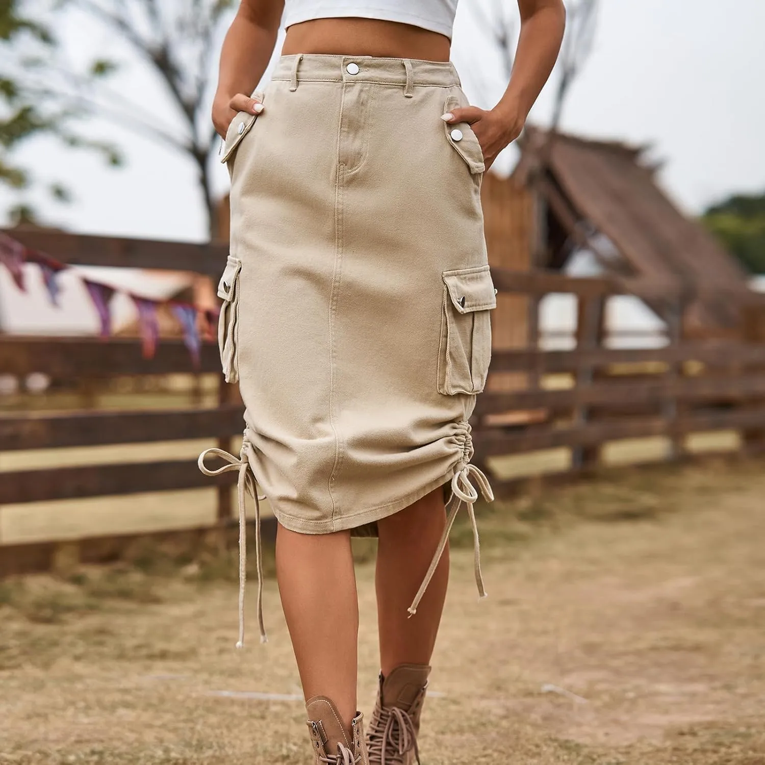 Women's High Waisted Drawstring Cargo Long Skirt Knee Length Side Split Denim Skirts with Cargo Pockets