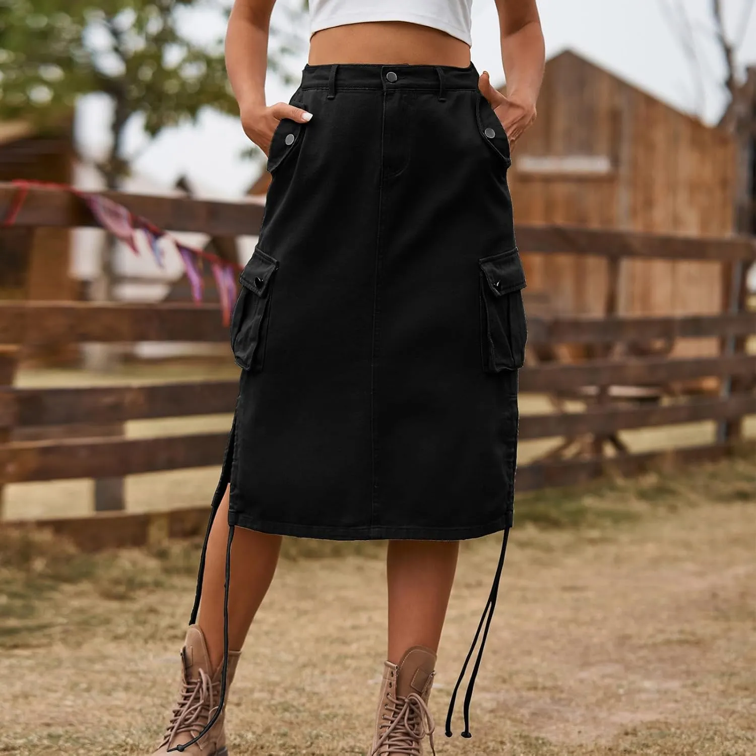 Women's High Waisted Drawstring Cargo Long Skirt Knee Length Side Split Denim Skirts with Cargo Pockets