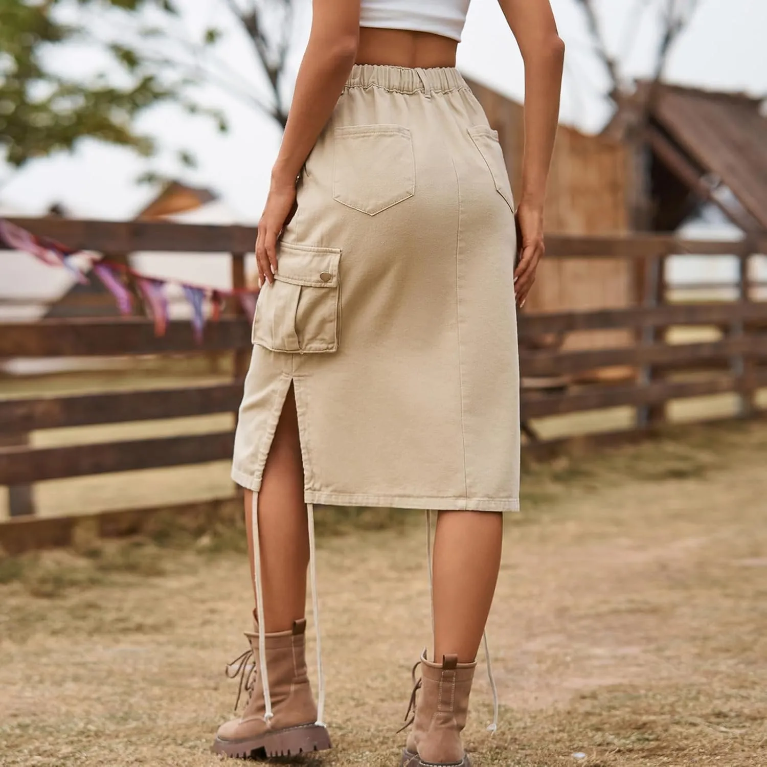 Women's High Waisted Drawstring Cargo Long Skirt Knee Length Side Split Denim Skirts with Cargo Pockets