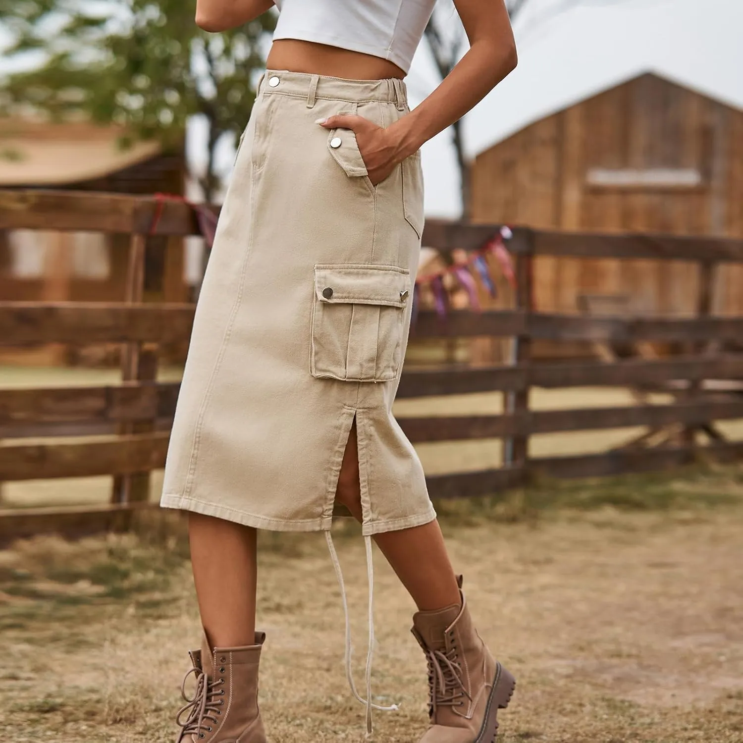 Women's High Waisted Drawstring Cargo Long Skirt Knee Length Side Split Denim Skirts with Cargo Pockets