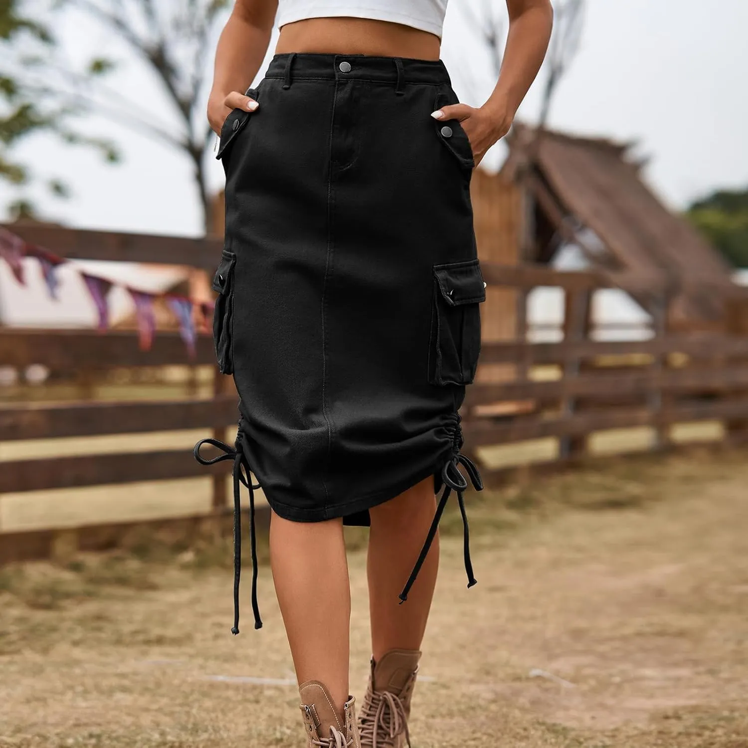 Women's High Waisted Drawstring Cargo Long Skirt Knee Length Side Split Denim Skirts with Cargo Pockets