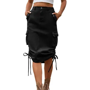 Women's High Waisted Drawstring Cargo Long Skirt Knee Length Side Split Denim Skirts with Cargo Pockets
