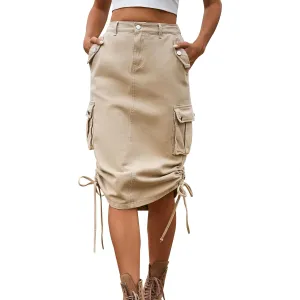 Women's High Waisted Drawstring Cargo Long Skirt Knee Length Side Split Denim Skirts with Cargo Pockets