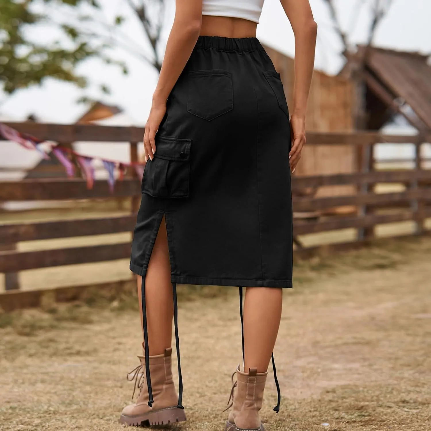 Women's High Waisted Drawstring Cargo Long Skirt Knee Length Side Split Denim Skirts with Cargo Pockets